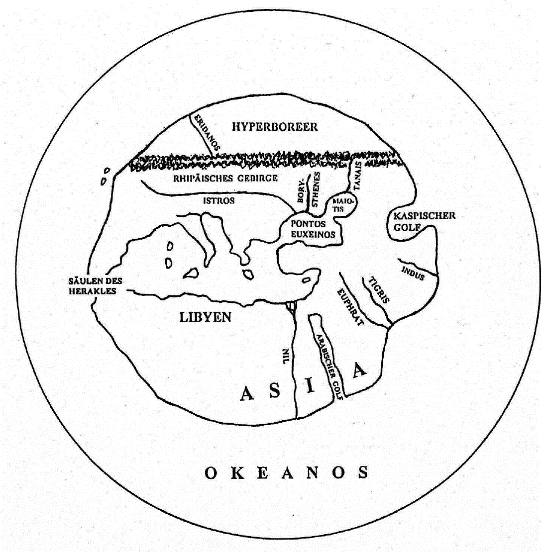 Ill. 1. The reconstruction of the world map of Hecataeus from Miletus (after Geus 2001: 85)