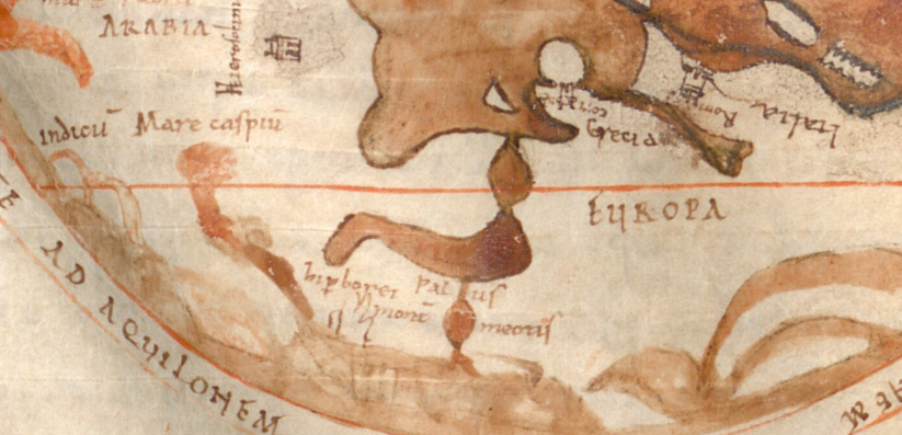 Ill. 10. Fragment of Freising map, 11th c. with the Hyperborean mountains