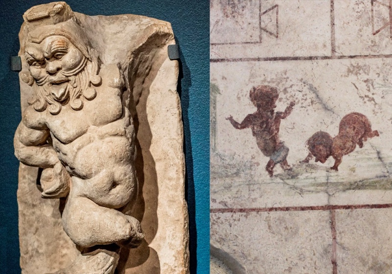 Илл. 6. Танцующий бог Бес, конец I в. н.э., известняк (слева). Фрагмент сцены с танцующими карликами из колумбария виллы Дориа Памфили в Риме (справа).